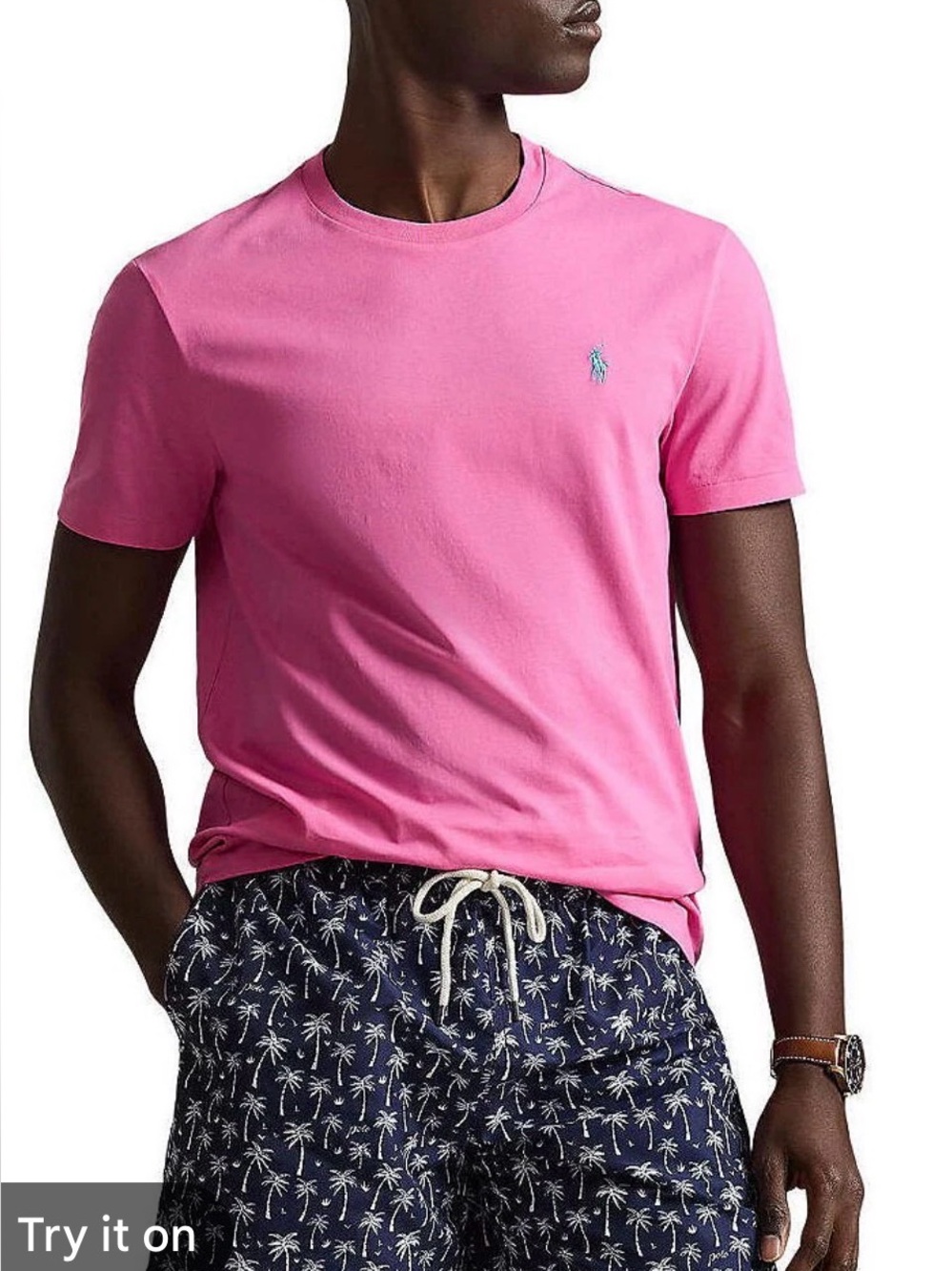 Polo Ralph Lauren pink crewneck T-shirt features a lime green polo player